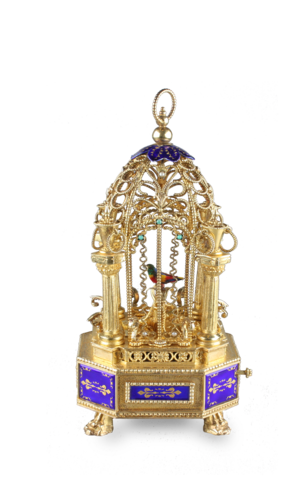 Miniature silver gilt, enamel, mother-of-pearl and turquoise mounted singing bird-in-cage, by Karl Griesbaum