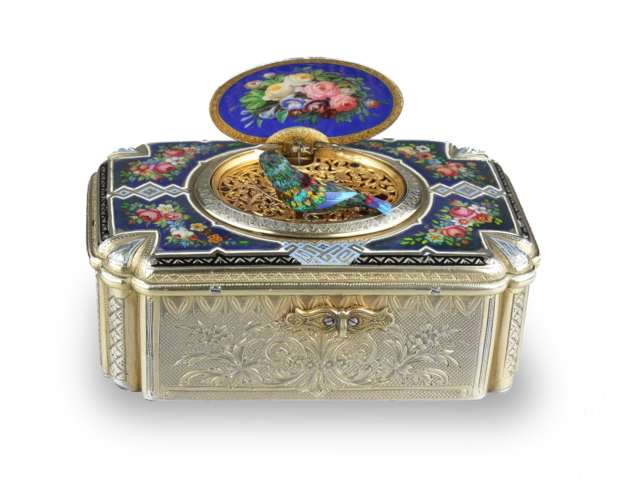 Antique silver-gilt and pictorial enamel Fusee singing bird box, by Charles Bruguier