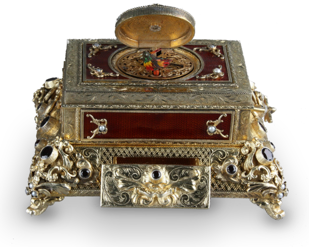 Silver gilt, enamel, pearl and noir garnet-mounted singing bird box