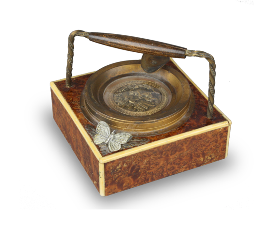 Vintage burr-yew and bone musical automaton ashtray, by Thorens