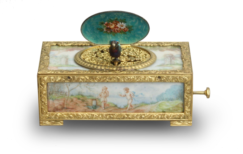 Gilt metal and painted ivory panel singing bird box, by C. H. Marguerat