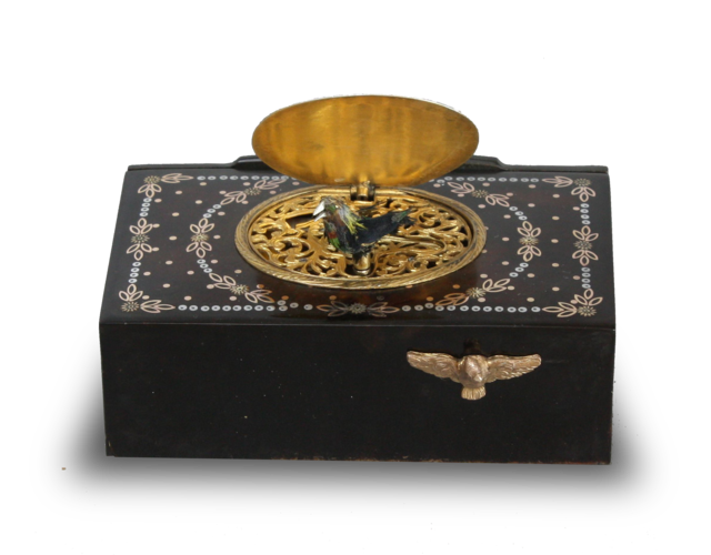 Antique inlaid mottled tortoiseshell and pictorial enamel singing bird box