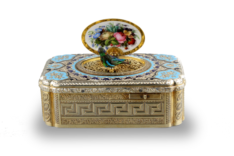 Antique tooled silver-gilt, enamel and pictorial enamel singing bird box, by Jacques Bruguier