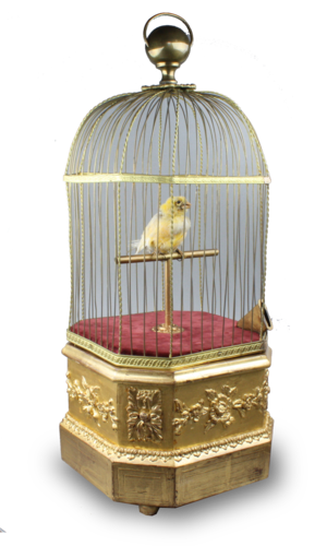 Antique coin-operated large singing canary-in-cage, by Bontems