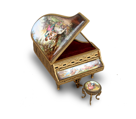 A fine Viennese gilt metal and signed pictorial enamel piano-form musical box and stool