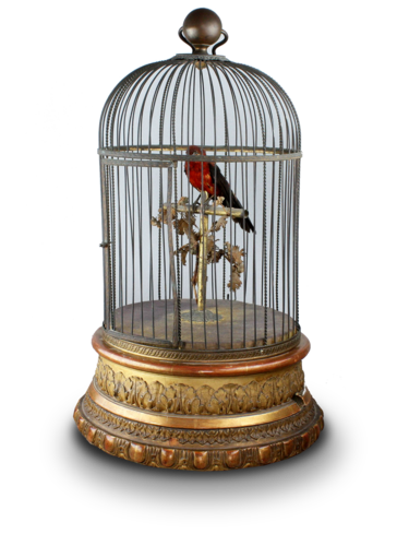 Antique large single singing bird-in-cage, by Jean Phalibois