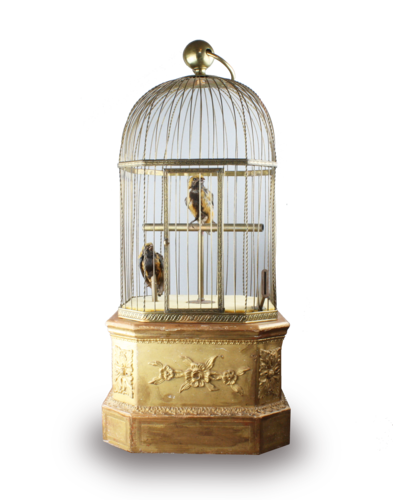 Antique coin-operated large double singing birds-in-cage, by Bontems