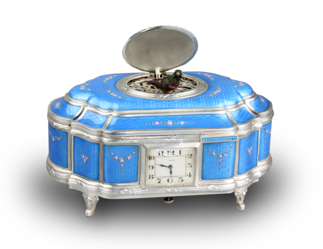 Sterling silver and full guilloche enamel singing bird box with timepiece