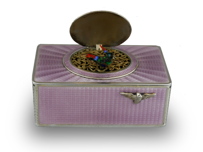 Silver and full lilac radial guilloche enamel singing bird box