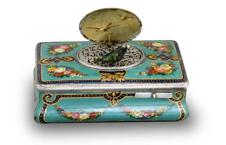 Antique silver and finely painted sarcophagus-form wooden singing bird box, by Juvenia