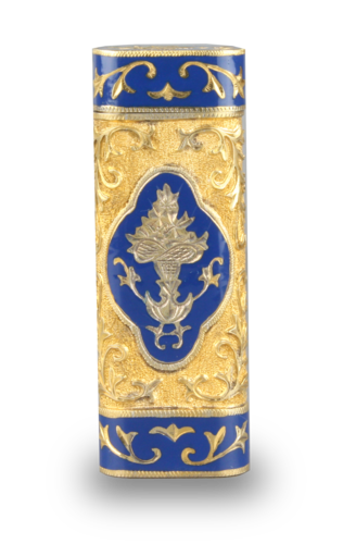 Tooled gilt metal and enamel cigarette lighter, by Cartier