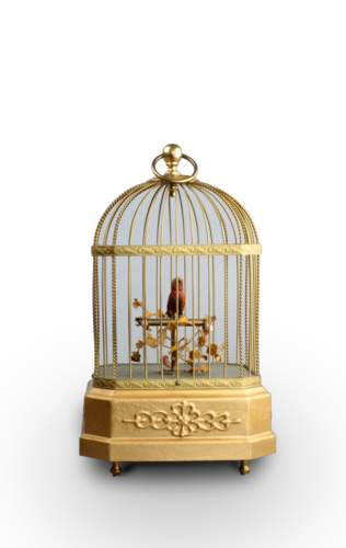 Vintage single singing bird in cage, by Karl Griesbaum