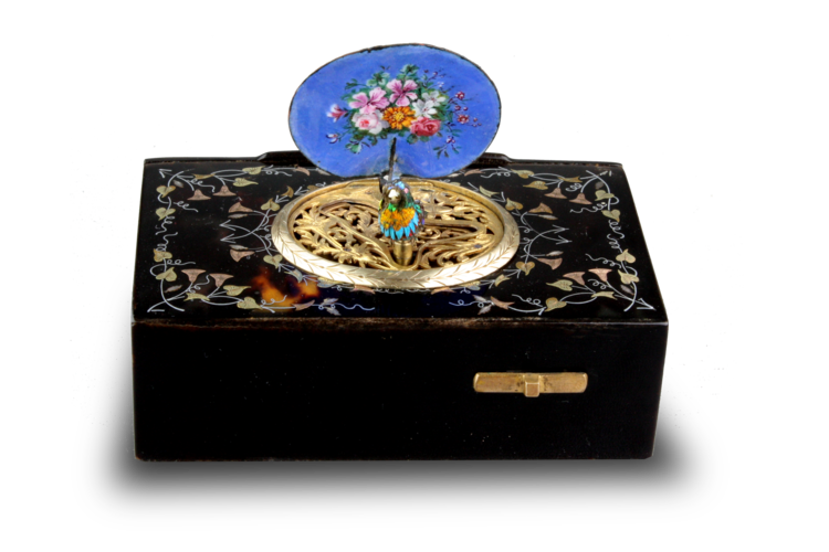 Antique inlaid tortoiseshell and pictorial enamel singing bird box, by Bontems