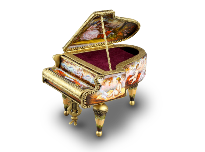 Vintage enamel and gilt metal grand piano musical box