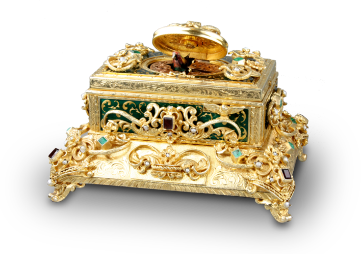 Vintage silver-gilt, enamelled, Emerald, red garnet and pearl-set singing bird box, by Karl Griesbaum