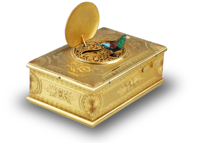 A very fine antique gilt bronze singing bird box, most certainly by Bontems