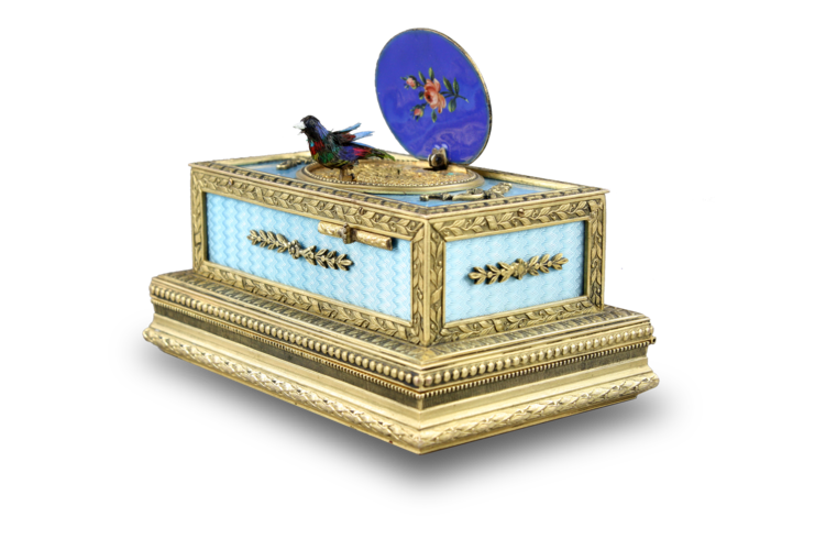 Powder blue guilloche and pictorial enamel singing bird box casket, by C. H. Marguerat