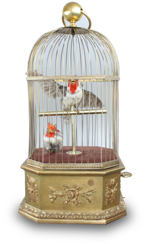 Antique double singing cockatiels-in-cage, by Bontems