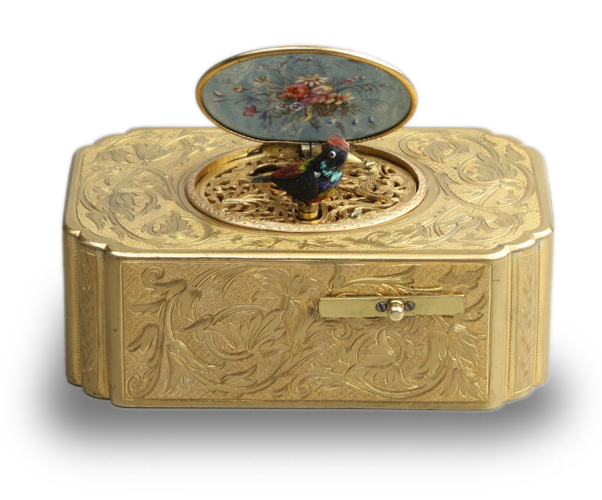 Antique gilt metal and pictorial enamel singing bird box, by John Manger