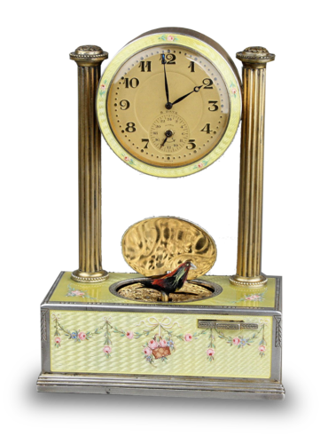 Vintage silver-gilt, guilloche yellow enamel and pictorial enamel timepiece alarm-actuated singing bird box, by C. H. Marguerat