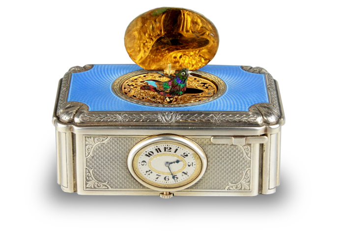 A very fine silver gilt and enamel singing bird box with timepiece, by C. H. Marguerat