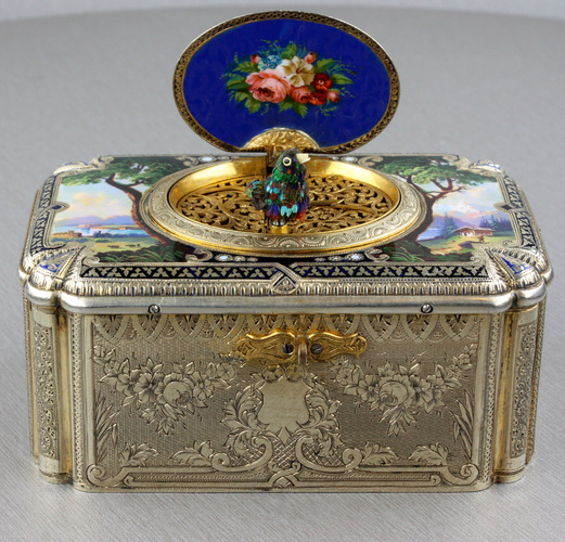 Antique tall-proportioned silver-gilt and full pictorial lidded singing bird box, by Charles Bruguier