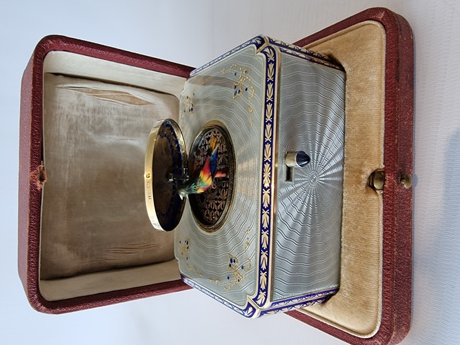 Silver gilt and full radial Guilloche enamel Singing bird box with original silver and enamel key and leather case