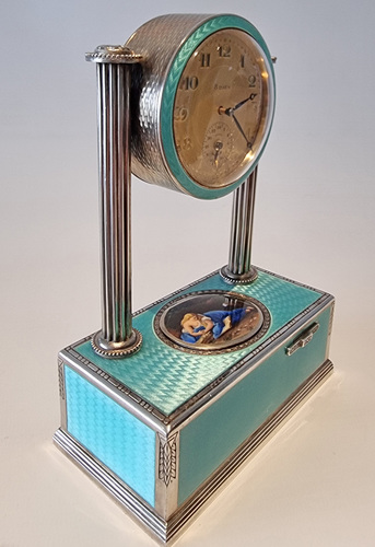 Vintage silver-gilt, guilloche turquoise enamel and pictorial enamel timepiece alarm-actuated singing bird box, by C. A. Marguerat