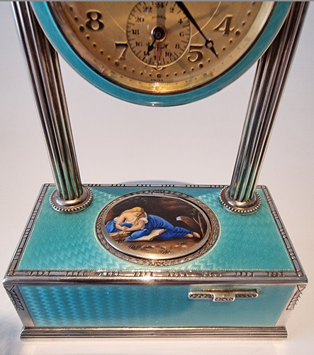 Vintage silver-gilt, guilloche turquoise enamel and pictorial enamel timepiece alarm-actuated singing bird box, by C. A. Marguerat