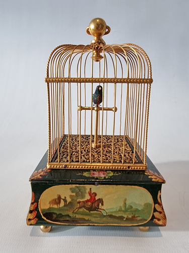 An exquisite Miniature Singing bird Cage in original leather case by E. Flajoulot