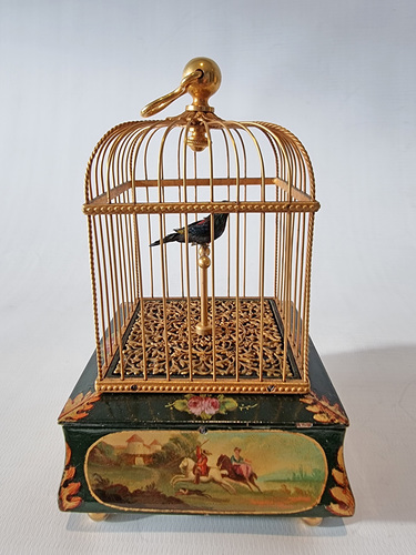 An exquisite Miniature Singing bird Cage in original leather case by E. Flajoulot