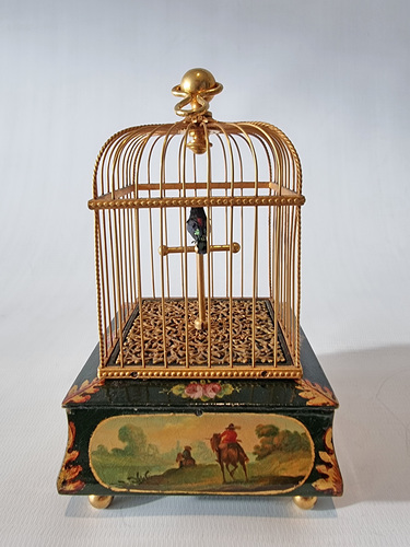 An exquisite Miniature Singing bird Cage in original leather case by E. Flajoulot