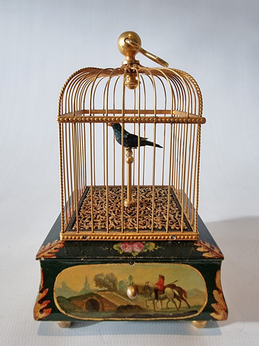 An exquisite Miniature Singing bird Cage in original leather case by E. Flajoulot