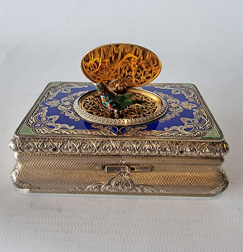 Stunning silver gilt and enamel fusee singing bird box by Jacques Bruguier 