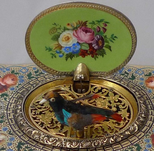 Antique Charles Bruguier singing bird box, fusee movement, silver gilt and enamel case