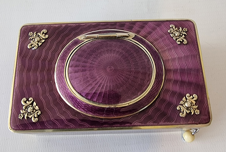 Silver and purple radial Guilloche enamel Singing Bird box