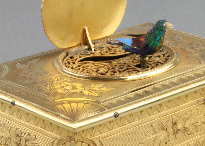 A very fine antique gilt bronze singing bird box, most certainly by Bontems