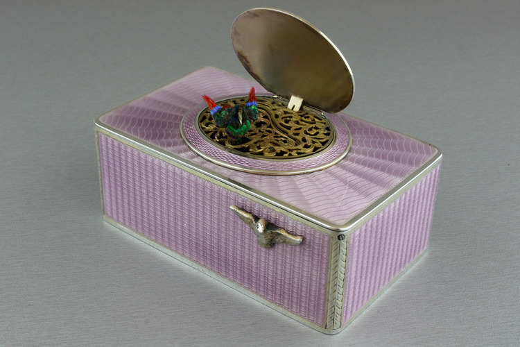 Silver and full lilac radial guilloche enamel singing bird box