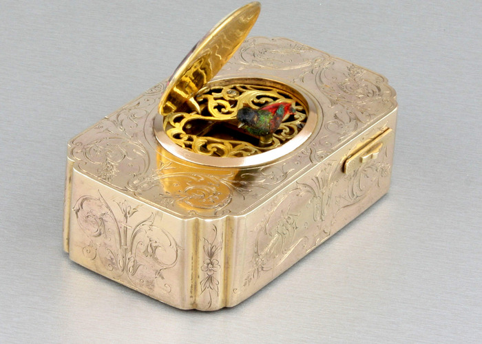 Antique gilt metal and pictorial enamel singing bird box, by Bontems