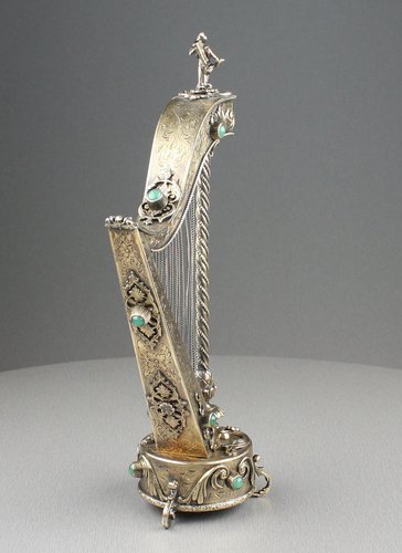 Antique Silver-gilt and mottled green agate mounted musical harp