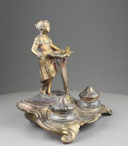 Gilt bronze antique musical automaton inkwell