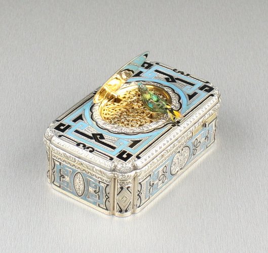 Antique Silver-gilt and enamel Fusee singing bird box, by Jacques Bruguier