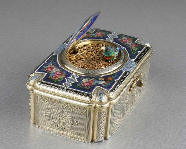 Antique silver-gilt and pictorial enamel Fusee singing bird box, by Charles Bruguier