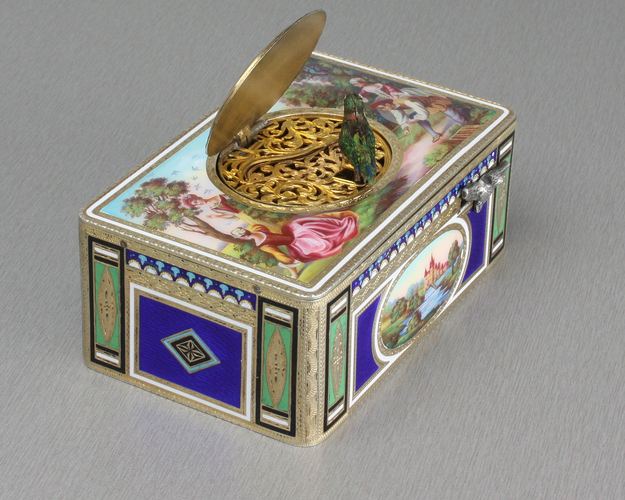 Antique silver-gilt and full painted enamel singing bird box, by Karl Griesbaum,