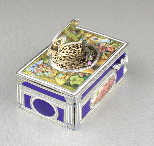 Silver-gilt and pictorial enamel Memento Mori singing bird box, by Karl Griesbaum