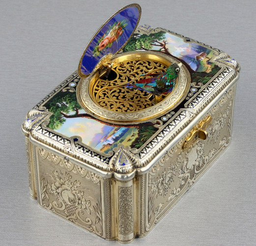 Antique tall-proportioned silver-gilt and full pictorial lidded singing bird box, by Charles Bruguier