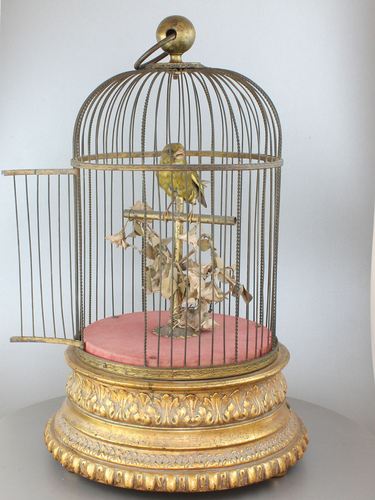 Antique large single singing bird-in-cage, by Jean Phalibois