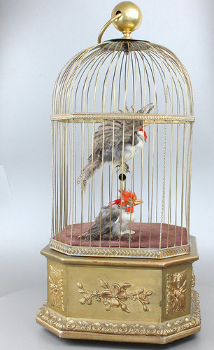 Antique double singing cockatiels-in-cage, by Bontems