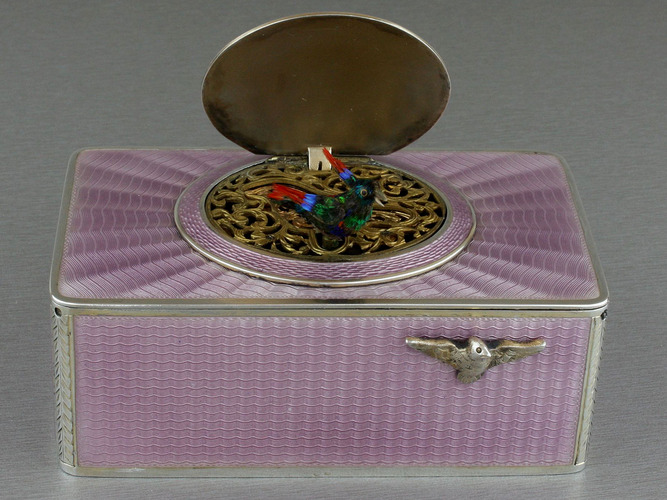 Silver and full lilac radial guilloche enamel singing bird box