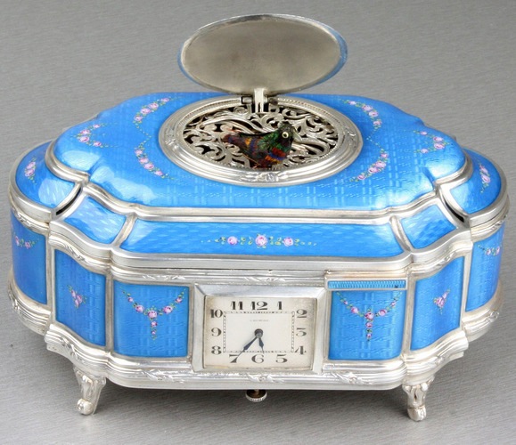 Sterling silver and full guilloche enamel singing bird box with timepiece